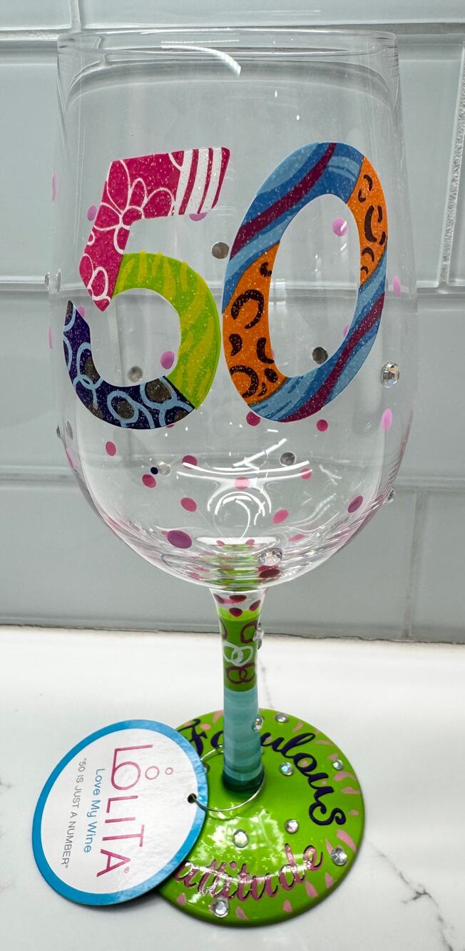 LOLITA "50 is Just a Number" 15 oz. Hand-painted Wine Glass with Box - NIB